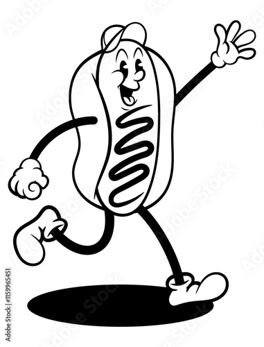 Hot Dog cartoon characters wearing baseball hat and greetings. Best for outline, logo, and coloring book with food themes in vintage cartoon styles