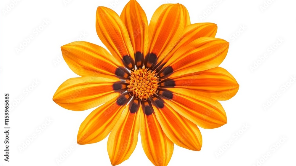 An intricate shot of a bright orange gazania with striped petals and a dark center, isolated white background, minimalistic art style An intricate shot of a bright orange gazania with striped petals and a dark center, isolated white background, minimalistic art style