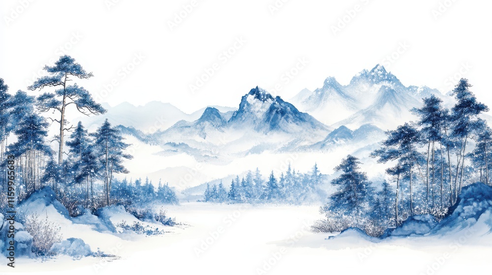 Serene Winter Landscape Featuring Snowy Mountains and Pines Serene Winter Landscape Featuring Snowy Mountains and Pines