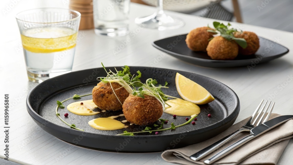 Gourmet Bitterballen with Lemon and Sauce on Elegant Plate Gourmet Bitterballen with Lemon and Sauce on Elegant Plate