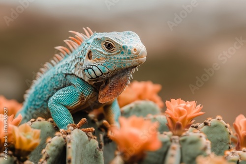 Wallpaper Mural A vibrant image of a brightly colored iguana perched on a cactus in an arid desert landscape Torontodigital.ca