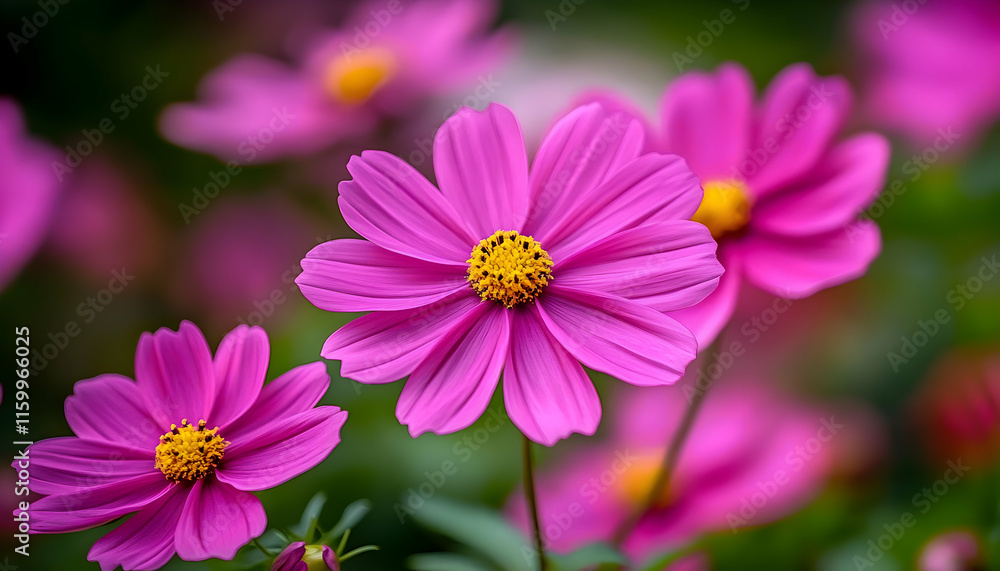 Vibrant pink cosmos flowers in a garden, detailed macro shot showcasing delicate petals and yellow center. Perfect for nature, spring, and floral themes. Vibrant pink cosmos flowers in a garden, detailed macro shot showcasing delicate petals and yellow center. Perfect for nature, spring, and floral themes.