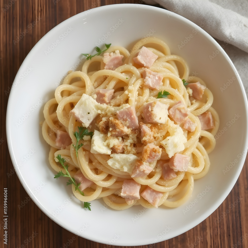 Un delicioso plato de espagueti con mucho queso y jamón Un delicioso plato de espagueti con mucho queso y jamón