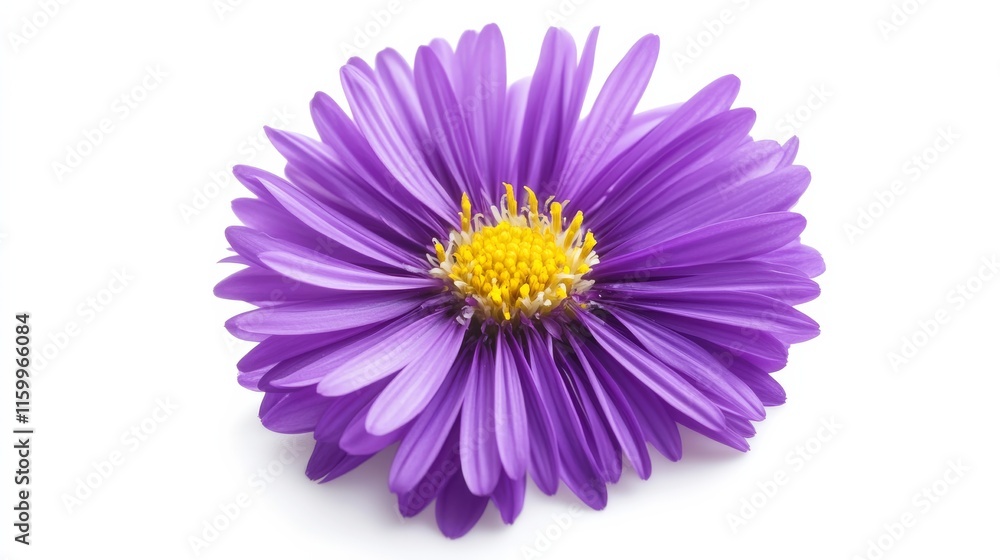 An intricate shot of a deep purple aster with numerous fine petals and a yellow center, isolated white background, minimalistic art style An intricate shot of a deep purple aster with numerous fine petals and a yellow center, isolated white background, minimalistic art style