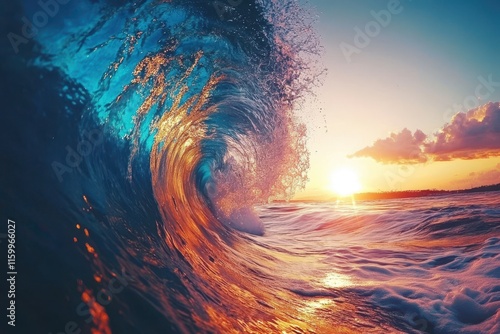 Vibrant sunset colors illuminating a massive curling ocean wave.