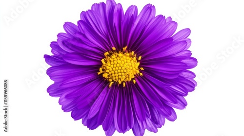 An intricate shot of a deep purple aster with numerous fine petals and a yellow center, isolated white background, minimalistic art style