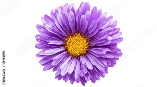 An intricate shot of a deep purple aster with numerous fine petals and a yellow center, isolated white background, minimalistic art style