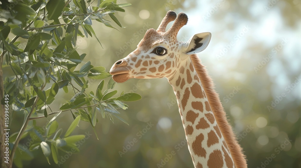Young giraffe eating leaves from a tree. Young giraffe eating leaves from a tree.