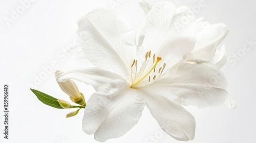An intricate shot of a delicate white azalea bloom with smooth petals and subtle veins, isolated white background, minimalistic art style