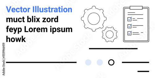 Clipboard with checklist, gears, and various lines. Ideal for workflow organization, project planning, task management, efficiency improvement, business automation, productivity tools. Landing page