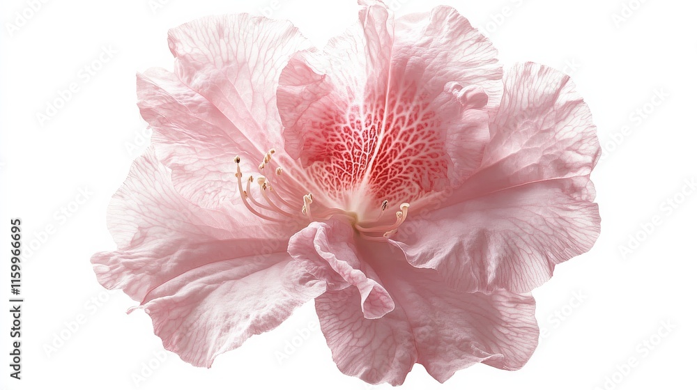 An intricate shot of a soft pink azalea bloom with ruffled petals and a subtle fragrance, isolated white background, minimalistic art style An intricate shot of a soft pink azalea bloom with ruffled petals and a subtle fragrance, isolated white background, minimalistic art style
