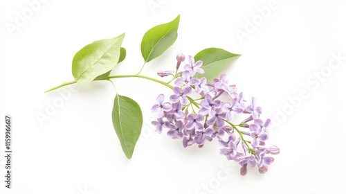 Fototapeta Naklejka Na Ścianę i Meble -  An intricate shot of a soft lavender lilac cluster with small, fragrant flowers and green leaves, isolated white background