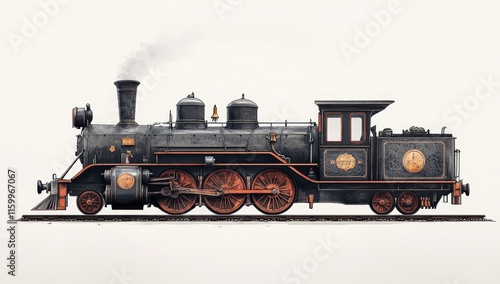 Vintage steam locomotive train on tracks, side view, isolated on white background.