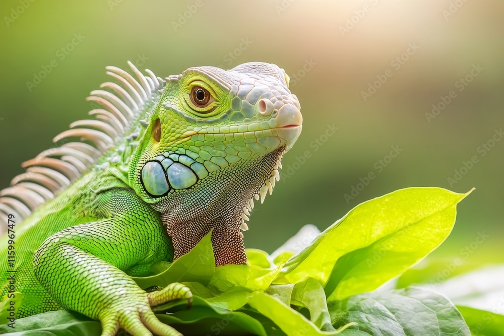 An iguana eating fresh leaves on a sunny day, perched high in the canopy of a dense forest An iguana eating fresh leaves on a sunny day, perched high in the canopy of a dense forest