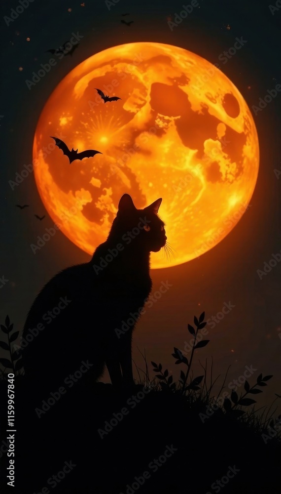 Orange and black cat silhouette with bats against full moon, halloween, night, vector Orange and black cat silhouette with bats against full moon, halloween, night, vector