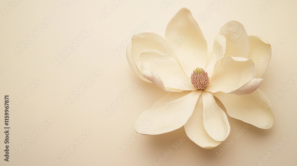 Fototapeta premium Lovely magnolia petals in ivory-white, on a subtle and gentle cream background, Minimalist style