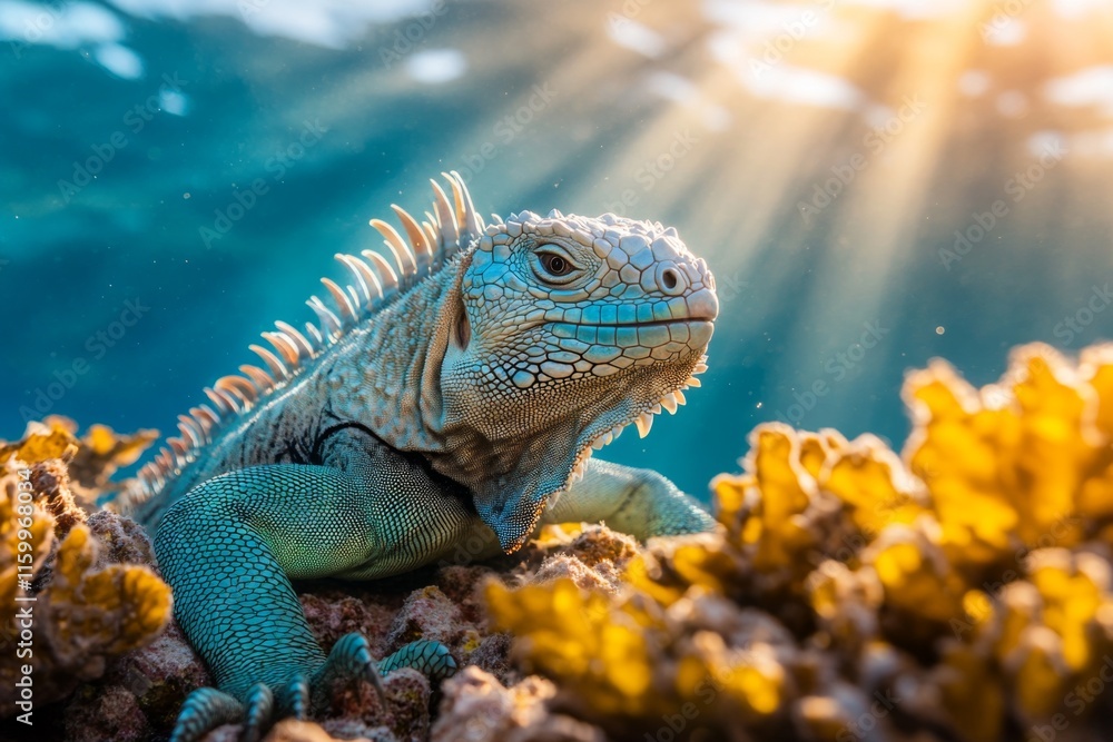Fototapeta premium An underwater view of a marine iguana feeding on algae, with sunlight streaming through the water
