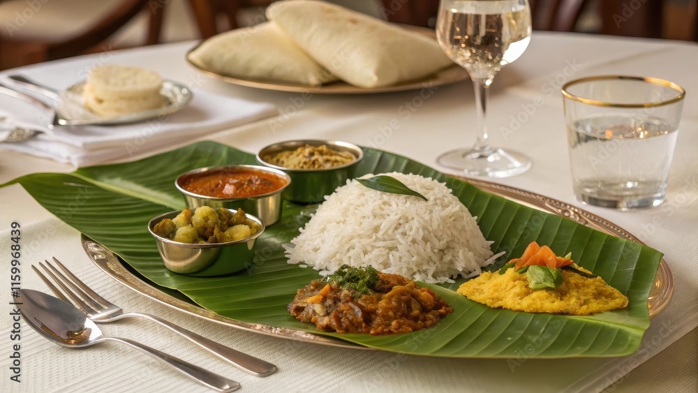 Elegant Banana Leaf Rice Plate with Delicious Accompaniments Elegant Banana Leaf Rice Plate with Delicious Accompaniments