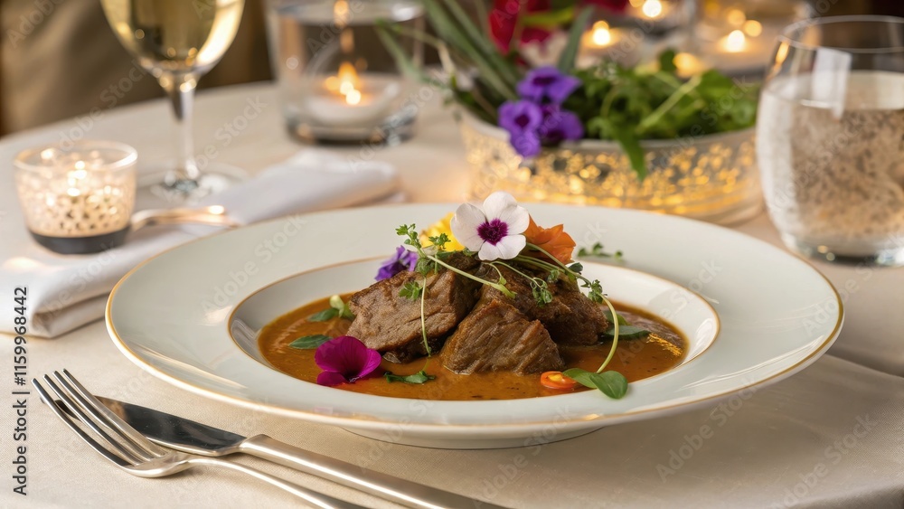 Elegant Lamb Rendang Plated with Garnishes at a Fine Dining Table Elegant Lamb Rendang Plated with Garnishes at a Fine Dining Table