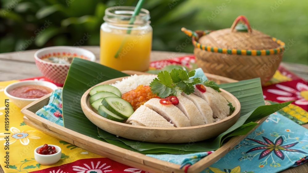 Hainanese Chicken Rice Served at Colorful Picnic Setting Hainanese Chicken Rice Served at Colorful Picnic Setting