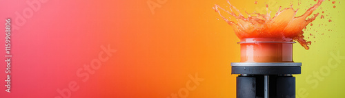 A vibrant splash of orange liquid erupts from a container against a colorful gradient background. photo