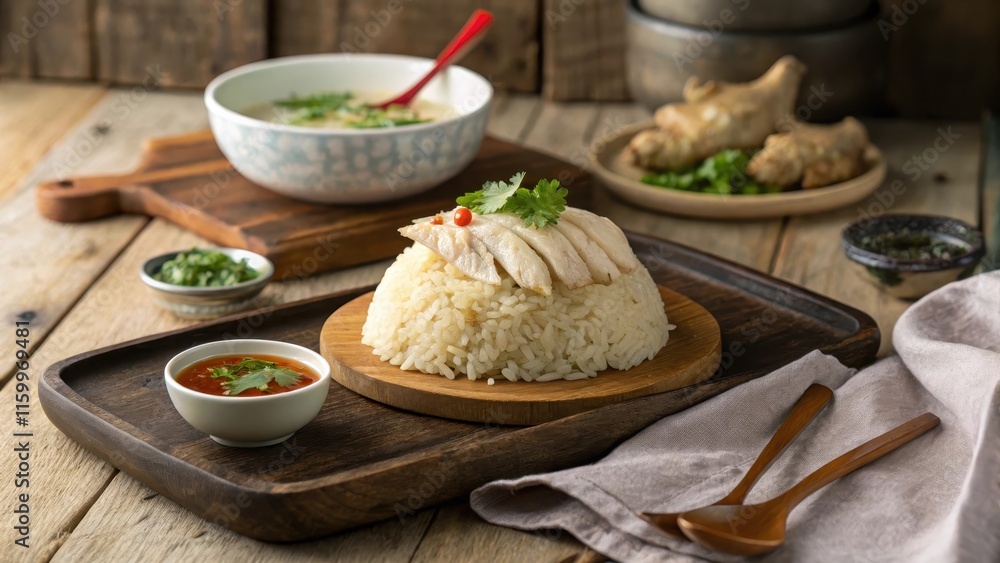 Rustic Presentation of Hainanese Chicken Rice with Accompaniments Rustic Presentation of Hainanese Chicken Rice with Accompaniments