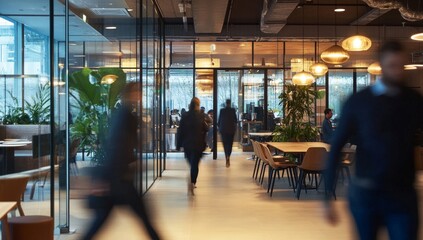 Blurred motion of people walking in a modern office.
