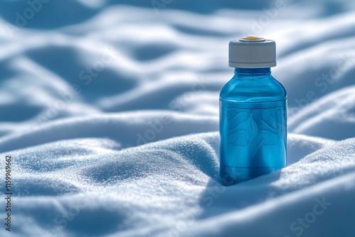 A blue bottle resting on soft, white snow.