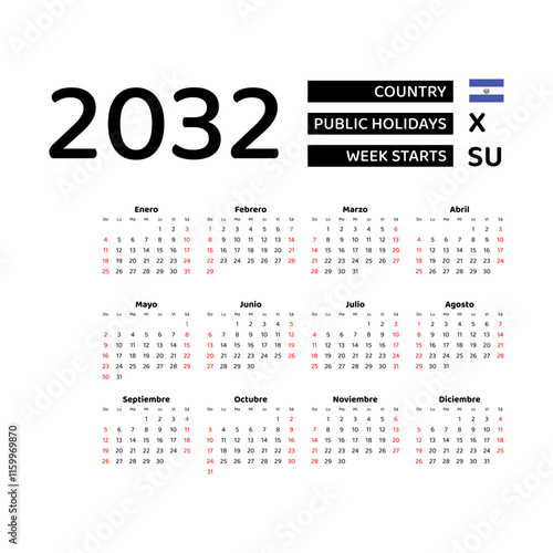 Calendar 2032 Spanish language with El Salvador public holidays. Week starts from Sunday. Graphic design vector illustration.