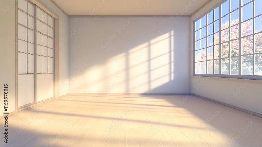 Simple and elegant empty room with a smooth white wall, light wood flooring, and subtle window shadows. 3D rendering. stock photo for text Simple and elegant empty room with a smooth white wall, light wood flooring, and subtle window shadows. 3D rendering. stock photo for text