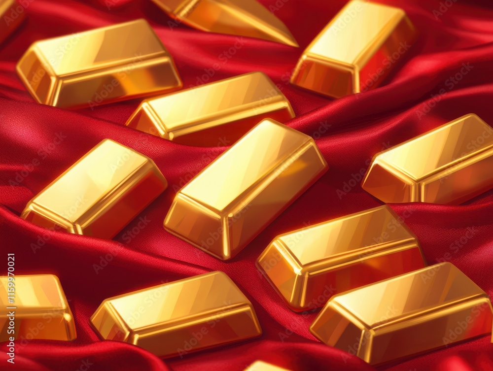 Golden ingots scattered on luxurious red silk fabric Golden ingots scattered on luxurious red silk fabric