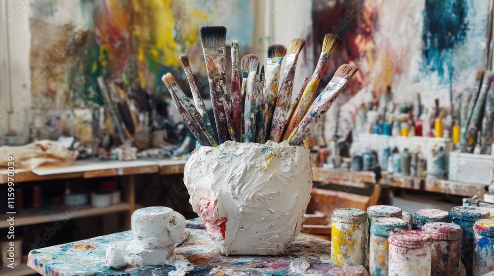 Obraz premium A bustling artist’s studio with vibrant paints and sculpting tools, Brushes and clay arranged amidst creative chaos, Abstract sculpture style