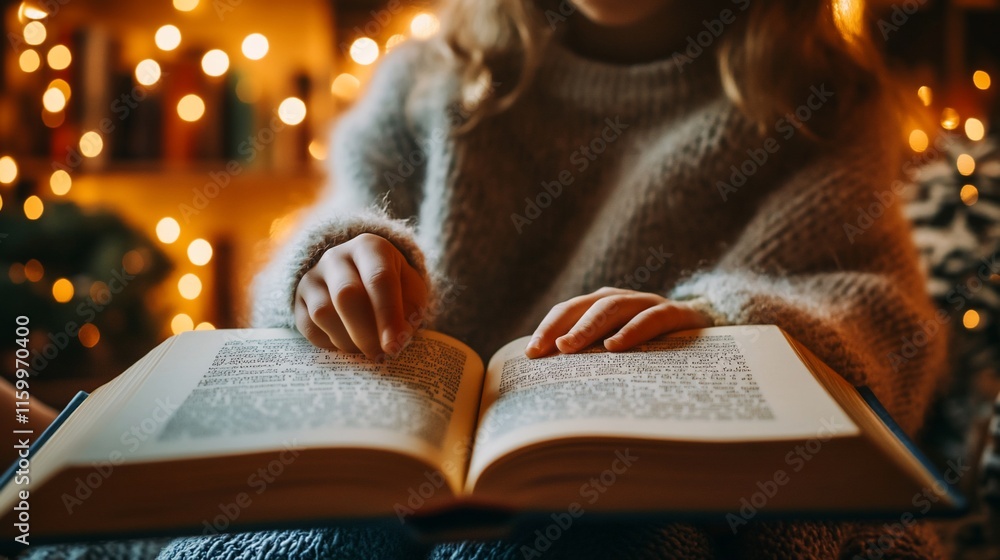 A child reading a book by warm, glowing lights. A child reading a book by warm, glowing lights.