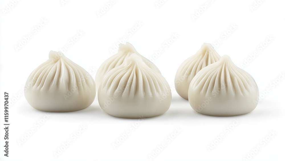 Obraz premium Four steamed buns, plump, white, and arranged on a white background.