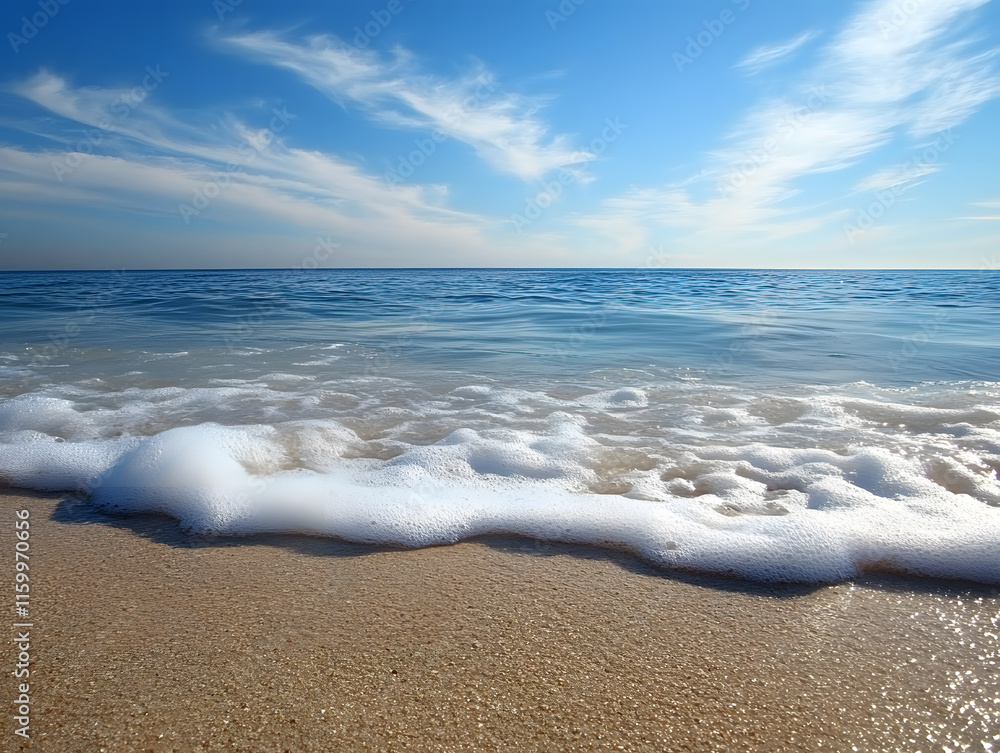 Obraz premium Idyllic Beach Shore with Gentle Waves and Clear Blue Sky Creating Tranquil Seaside Atmosphere : Generative AI