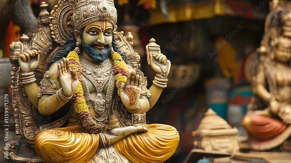 Fototapeta premium Exquisite Bronze Deity Statue with Intricate Design and Cultural Significance in Indian Art : Generative AI