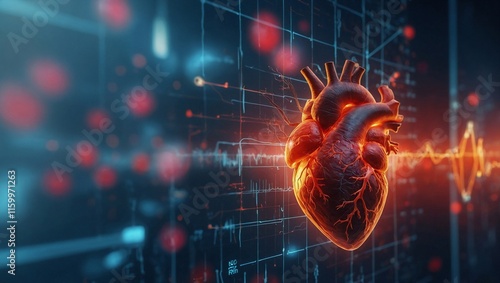 Futuristic cardiac research on an electronic background. Medical research and heart cardiology health care concept
