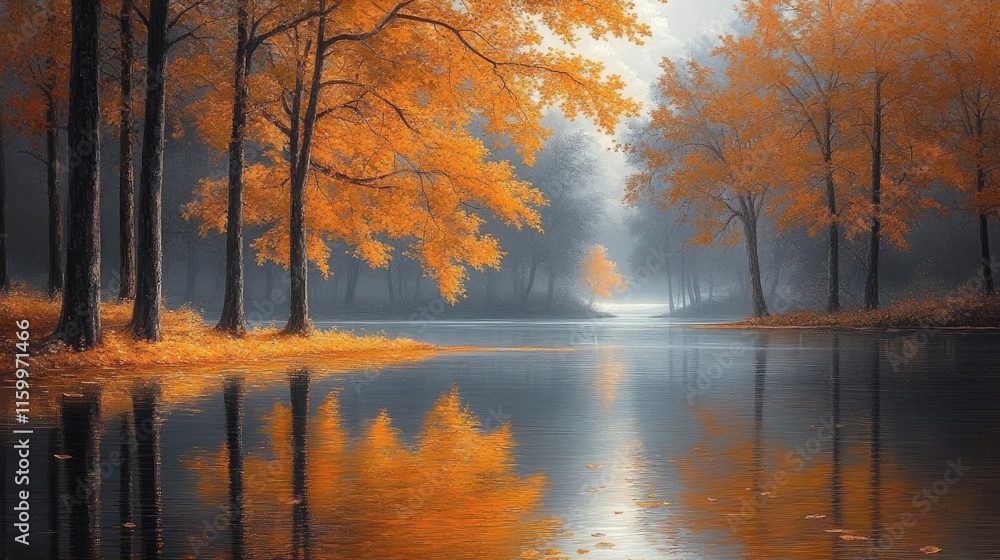 Obraz premium Autumnal trees reflected in a calm lake, golden leaves scattered on the bank. Perfect for illustrating serenity, peace, or the beauty of fall.