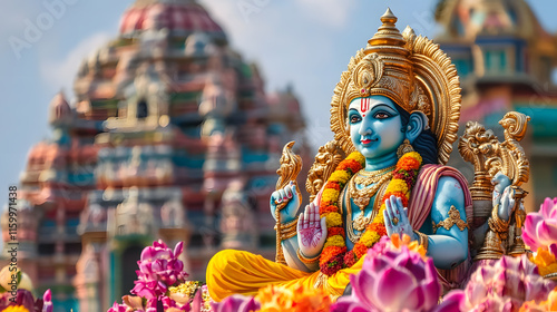 Wallpaper Mural Colorful Hindu Deity Statue Surrounded by Blooming Flowers with a Majestic Temple Backdrop : Generative AI Torontodigital.ca