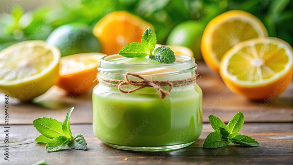Refreshing Green Smoothie in a Glass Jar with Citrus Fruits and Mint Garnish Refreshing Green Smoothie in a Glass Jar with Citrus Fruits and Mint Garnish