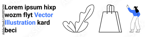 Woman holding smartphone, large shopping bags, abstract leaf shape, and sample text. Ideal for e-commerce, online shopping, retail marketing, mobile app interfaces, infographics product