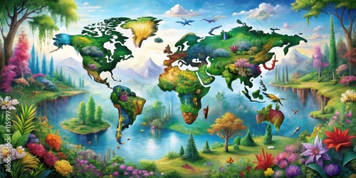 A Lush, Vibrant World Map Depicting a Flourishing Ecosystem of Diverse Flora and Fauna in a Serene Landscape