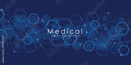 Geometric abstract background with blue hexagons. Structure molecule and communication. Science, technology and medical concept