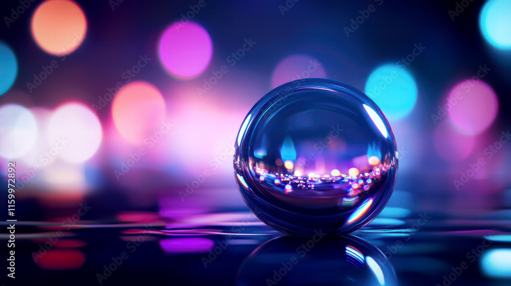 Reflective sphere amidst vibrant bokeh lights