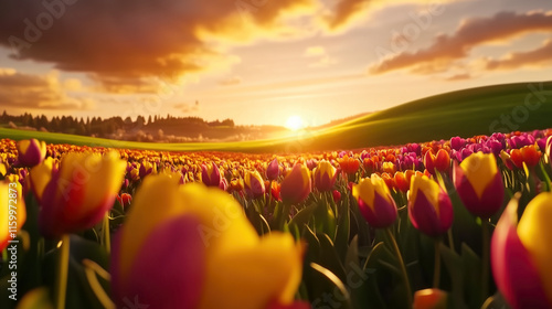 Sunflowers and tulips flower fields at sunset #1159972873