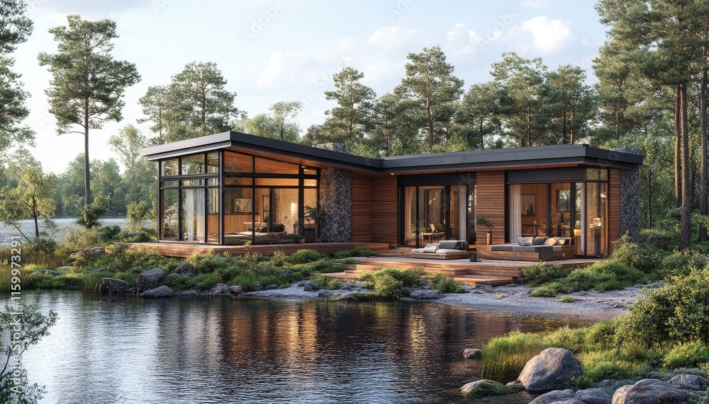 Modern lake house with large windows, wooden siding, and stone accents. Perfect for showcasing luxury real estate, architectural design, or tranquil living. Modern lake house with large windows, wooden siding, and stone accents. Perfect for showcasing luxury real estate, architectural design, or tranquil living.