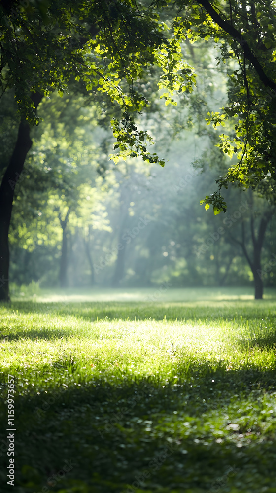 Lush Green Forest with Sunlight Streaming Through Trees Creating Peaceful Natural Scene : Generative AI Lush Green Forest with Sunlight Streaming Through Trees Creating Peaceful Natural Scene : Generative AI