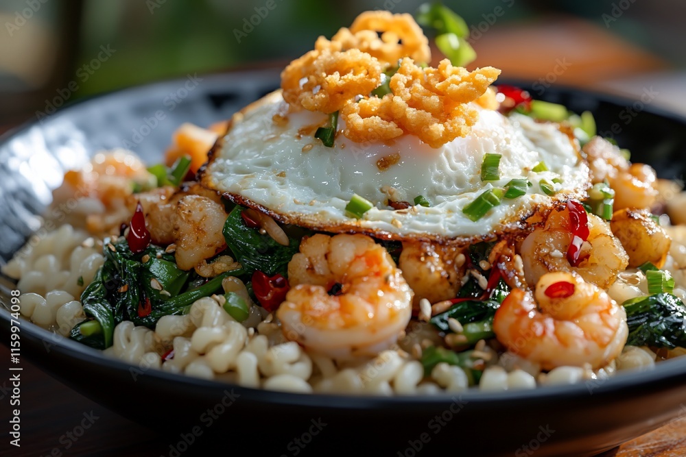 A delicious bowl of shrimp, vegetables, and fried egg over pasta. A delicious bowl of shrimp, vegetables, and fried egg over pasta.