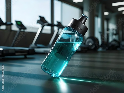 reusable tumbler bottle for water on gym background