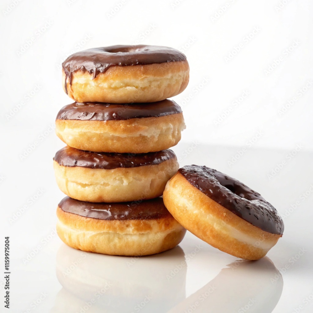 the stacked of chocolate glaze donuts on white background the stacked of chocolate glaze donuts on white background